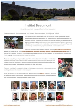 International Shortcourse on River Restoration: Fluvial-Geomorphic and Ecological Tools  11-15 june, 2018 Beaumont du Ventoux, France. Early birds untill 22nd April 2018.
